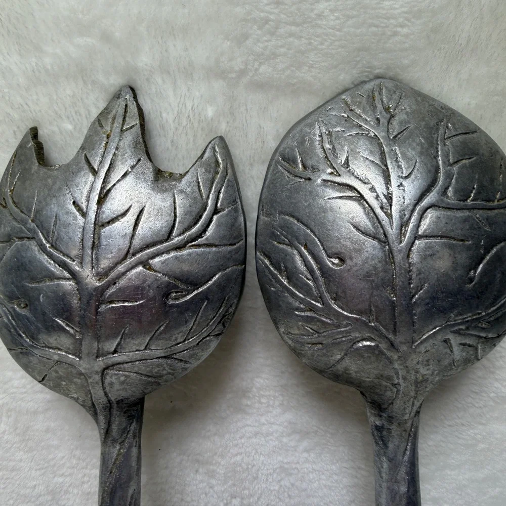 VTG Cast Metal Leaf Salad Serving Set Silver Tone Rustic Botanical Twig Handle